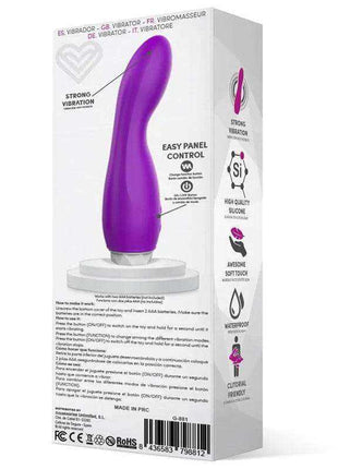 Douby Vibe Silicone Purple vibrator with a smooth curved purple body and easy panel control, shown on its retail box