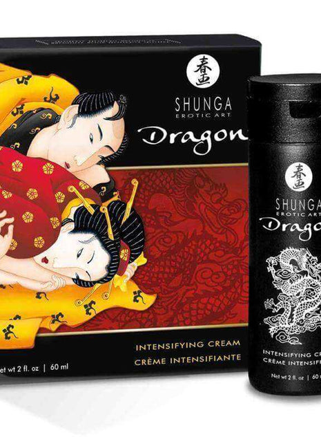 Dragon Virility Cream in a black 60 ml bottle with matching box, featuring red, yellow and white Japanese-inspired art