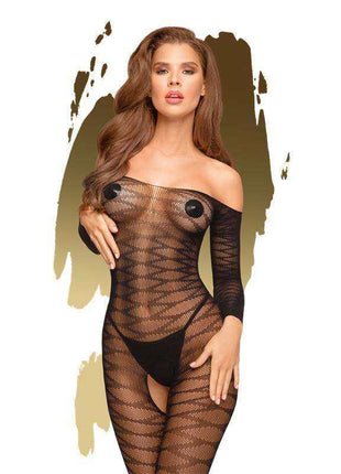Dreamy Diva Bodystocking in black sheer fishnet with a bold zigzag pattern and off-the-shoulder neckline