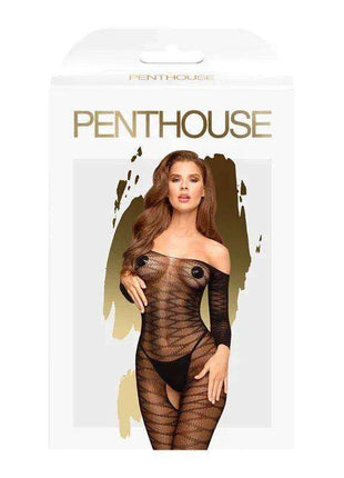 Dreamy Diva Bodystocking in black sheer mesh with a repeating zigzag pattern, off-shoulder neckline and long sleeves