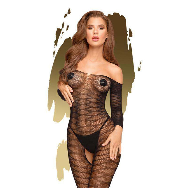 Black Dreamy Diva Bodystocking with boat neckline and zigzag pattern highlighting curves from Penthouse collection