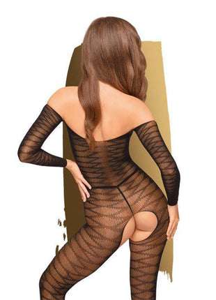 Dreamy Diva Bodystocking black with boat neckline and zigzag pattern showcasing elegant, flexible fit and open crotch design