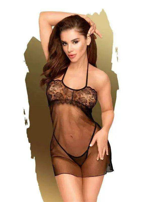 Dress All Yours Black sheer black lingerie dress with floral lace cups, halter neck straps and a transparent mesh body