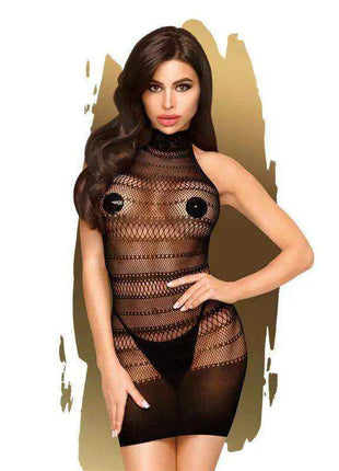 Dress Epic Night Black featuring a sheer black fishnet mesh fabric, halter neckline, and sleeveless fitted mini silhouette