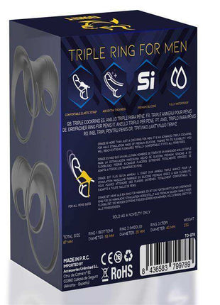 Driade Triple Ring for men in black silicone, shown as a three-band ring printed on dark blue packaging