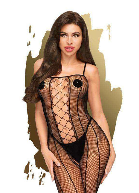 Bodystocking, Drop-Dead Tasty Bodystocking Black in black fishnet mesh with a crisscross front and sheer panels.