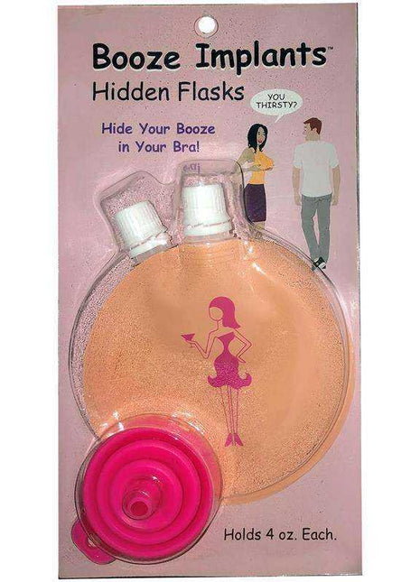 Dual-bottle dispensing hidden flask set with two clear capped bottles, peach-colored round pouch and bright pink cap