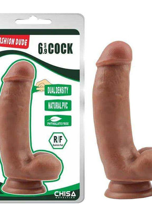 Dildo Dual Density Fashion Dude in tan silicone, with realistic curved shaft, rounded tip and flared suction base