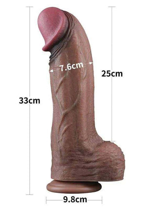 Dual Layered Dildo in brown silicone with a realistic ridged shaft, flared base and measurements marked on the image