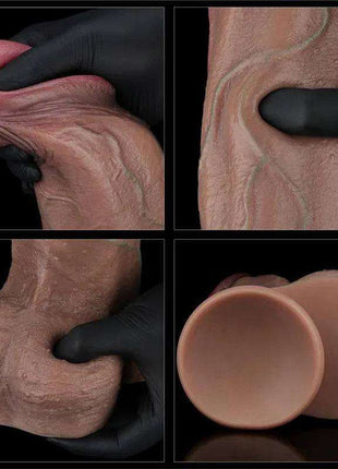 Dual Layered Dildo in realistic flesh tone with textured silicone surface and hollow circular base shown in close-up views