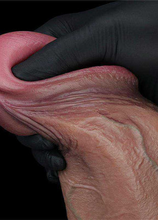 Dual Layered Dildo in pink, with a realistic wrinkled shaft and soft, flexible appearance