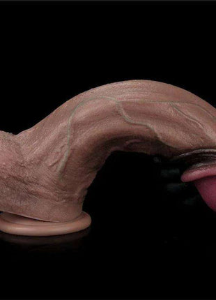 Dual Layered Dildo in realistic skin-tone silicone, with a curved textured shaft, flared base and contrasting pink tip
