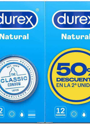 Duplo Natural 12 ud Durex Natural condom packs in bright blue boxes with white branding and a yellow 50% discount badge