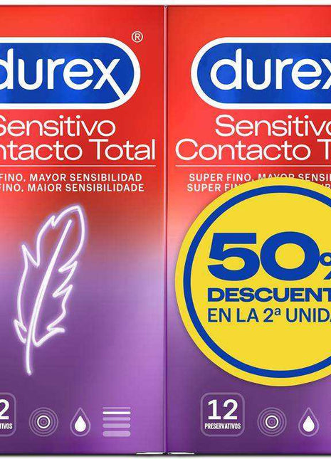 Duplo Sensitivo Contacto Durex condom pack in red and purple boxes, with a yellow 50% second-unit discount badge