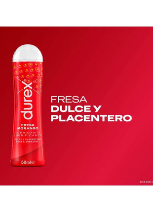 Durex Play Fresa lubricant in a red 50 ml bottle with white cap, strawberry pattern and strawberry-flavoured label