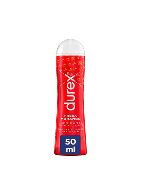 Durex Play Fresa lubricant in a red 50 ml bottle with a strawberry pattern and clear rounded cap