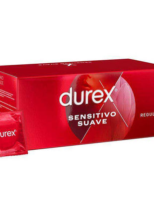 Condom pack Durex Sensitivo condoms in a red box, with a matching red individual wrapper and 144-count label.