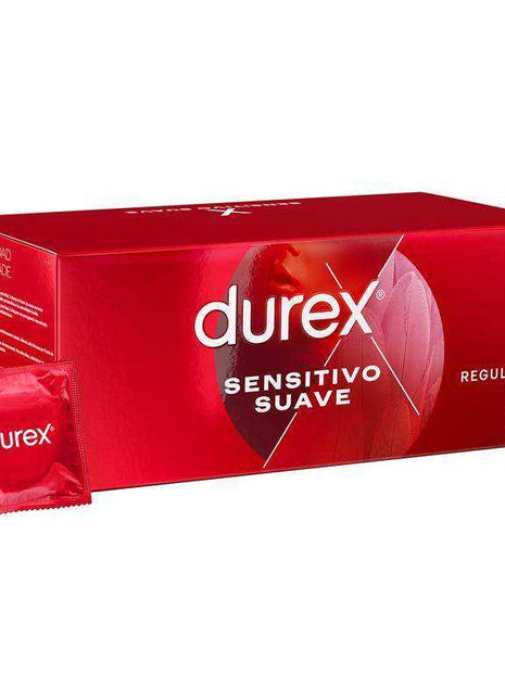 Condom pack Durex Sensitivo condoms in a red box, with a matching red individual wrapper and 144-count label.