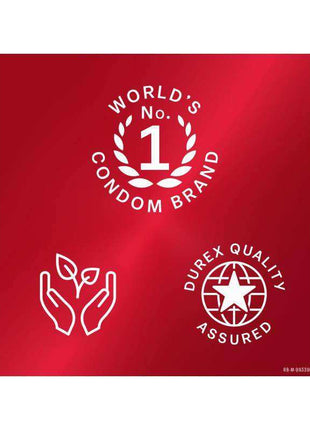 Condom packaging, bright red with white world’s No. 1 condom brand and Durex quality assured emblems; Durex Sensitivo condoms