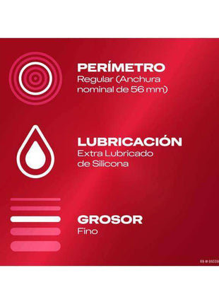 Durex Sensitivo condom details panel in red, showing 56 mm regular width, extra silicone lubrication and a thin profile