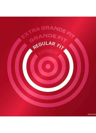 Durex Sensitivo condom pack graphic in red and pink with concentric fit rings and a white regular fit label