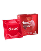 Durex Sensitivo Suave condom pack in a red square wrapper beside red packaging marked regular fit and 3 preservativos