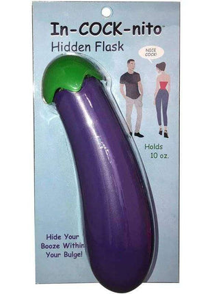 Eggplant Shaped Bottle hidden flask in glossy purple with a bright green leafy cap and curved eggplant silhouette