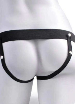 Elastic Strap-On harness with black elastic straps, silver rivets and an open crotch design, shown fitted around the hips.