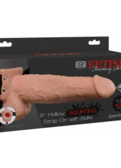 Elastic Strap-On in flesh-toned material with a hollow dildo, elastic harness straps and a squirting feature
