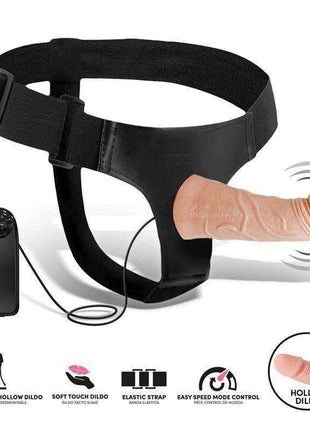 Eleto Detachable Strap-On with black adjustable elastic harness, flesh-toned textured dildo, and wired remote control.