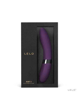 ELISE 2 Plum curved purple personal massager with a metallic silver band, presented in a black LELO box