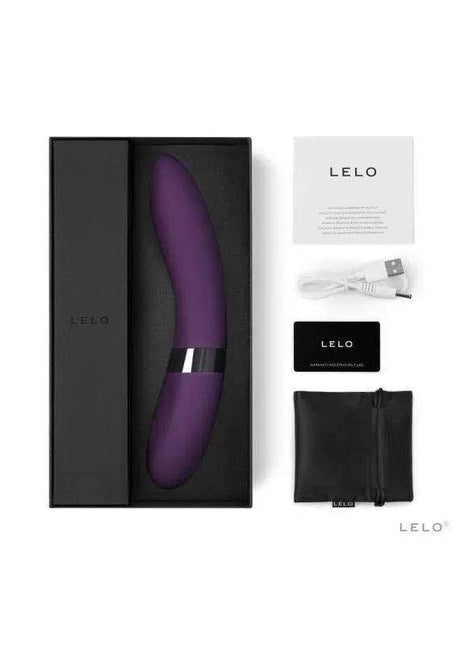 ELISE 2 Plum personal massager in smooth purple silicone with a metallic band, shown with charger and accessories