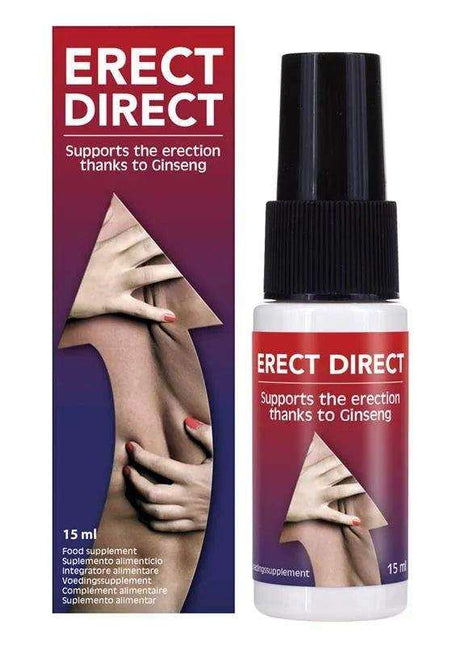 Erect Direct 15ml spray supplement in a white bottle with black pump and burgundy-purple label, beside matching carton