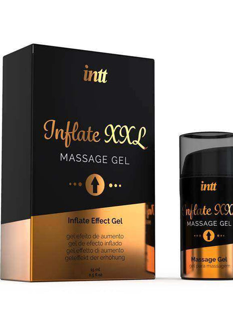 Erection Potentializer Gel in a black and copper 15 ml pump bottle with matching box, Inflate XXL massage gel branding