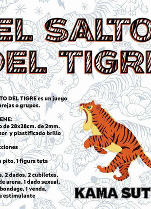 Erotic Board Game kit featuring a colorful tiger board, striped title lettering, instructions, tokens, dice, and accessories