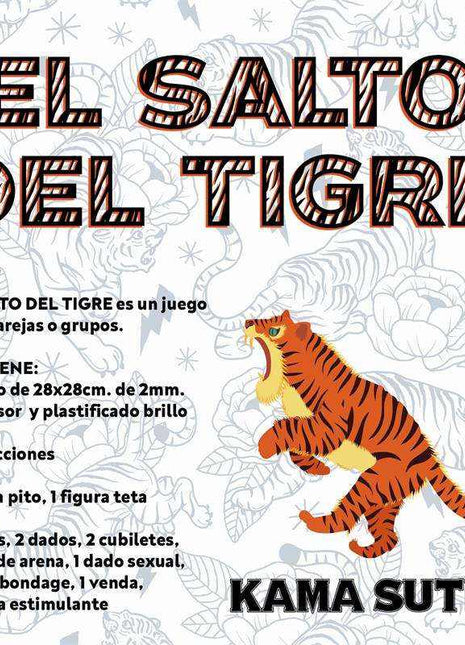 Erotic Board Game kit featuring a colorful tiger board, striped title lettering, instructions, tokens, dice, and accessories