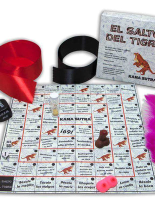 Erotic Board Game with illustrated tiger board, Spanish instruction booklet, colourful tokens and dice, blindfold and playful accessories