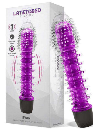 Evan Multi-Speed Vibe Purple vibrator in translucent purple with raised flexible nubs, ribbed shaft and black base