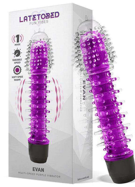 Evan Multi-Speed Vibe Purple vibrator in translucent purple with raised flexible nubs, ribbed shaft and black base