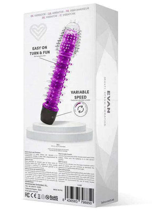 Evan Multi-Speed Vibe Purple, a purple textured vibrator with a black base, displayed on its product packaging