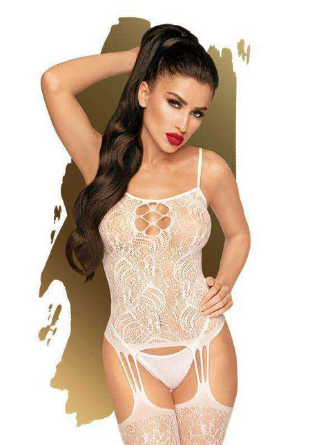 Eye of the Storm Bodystocking White in sheer white lace with a floral pattern, thin straps, and attached garter details