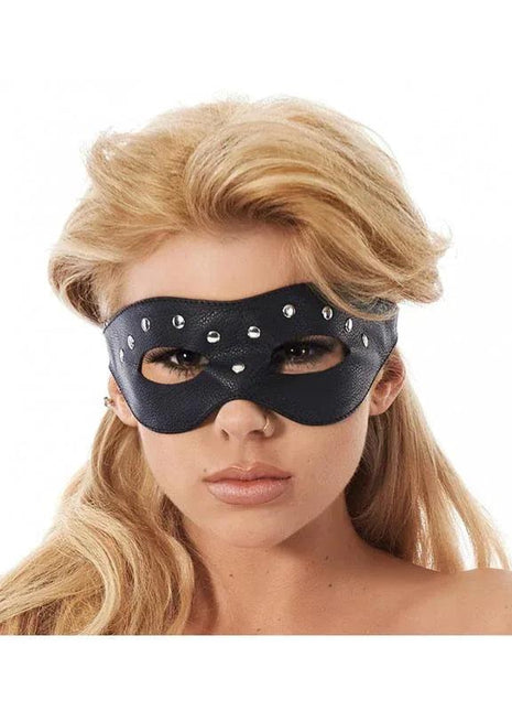 Eyemask-Adjustable black satin eye mask with silver studs and a contoured shape, worn across the eyes