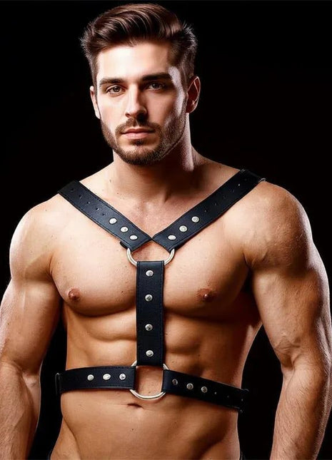 Close-up of a male chest bondage harness made from vegan leather with adjustable straps