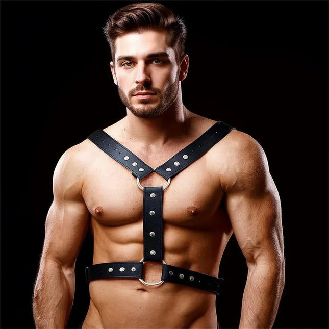 Close-up of a male chest bondage harness made from vegan leather with adjustable straps