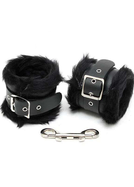 Feet Cuffs LUX 7 CM in black fur with wide adjustable straps, silver buckles and a linking metal clasp