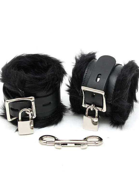 Feet Cuffs LUX black leather ankle cuffs with fluffy fur trim, silver buckles, padlocks and connecting bar