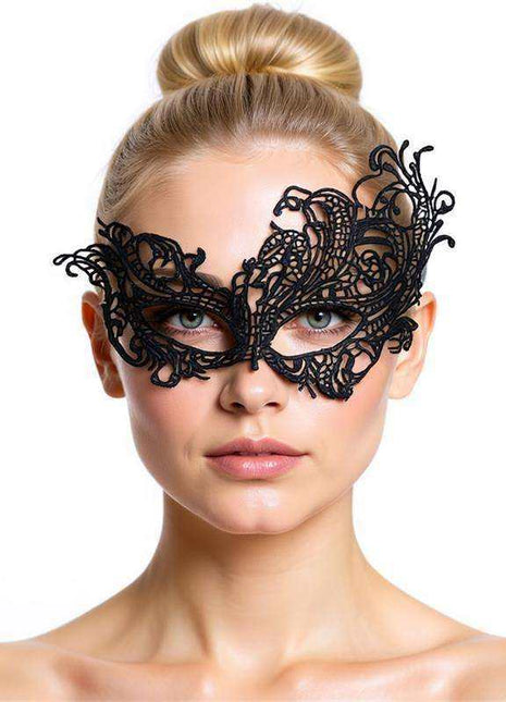 Fellicia Venetian Eye Mask No. 4 in black lace, with an ornate floral pattern and dramatic winged edges