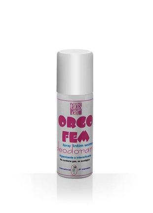 Female Intimate Deodorant in a slim silver cylindrical spray bottle with a white cap and magenta lettering.