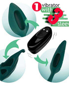 Female Vibrator set with a glossy black stimulator and three dark teal textured sleeves in varied shapes