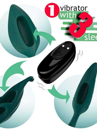 Female Vibrator set with a glossy black stimulator and three dark teal textured sleeves in varied shapes